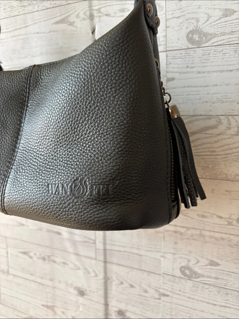Black Pebbled Leather Tassel Hobo Slouchy Shoulder Bag NWT